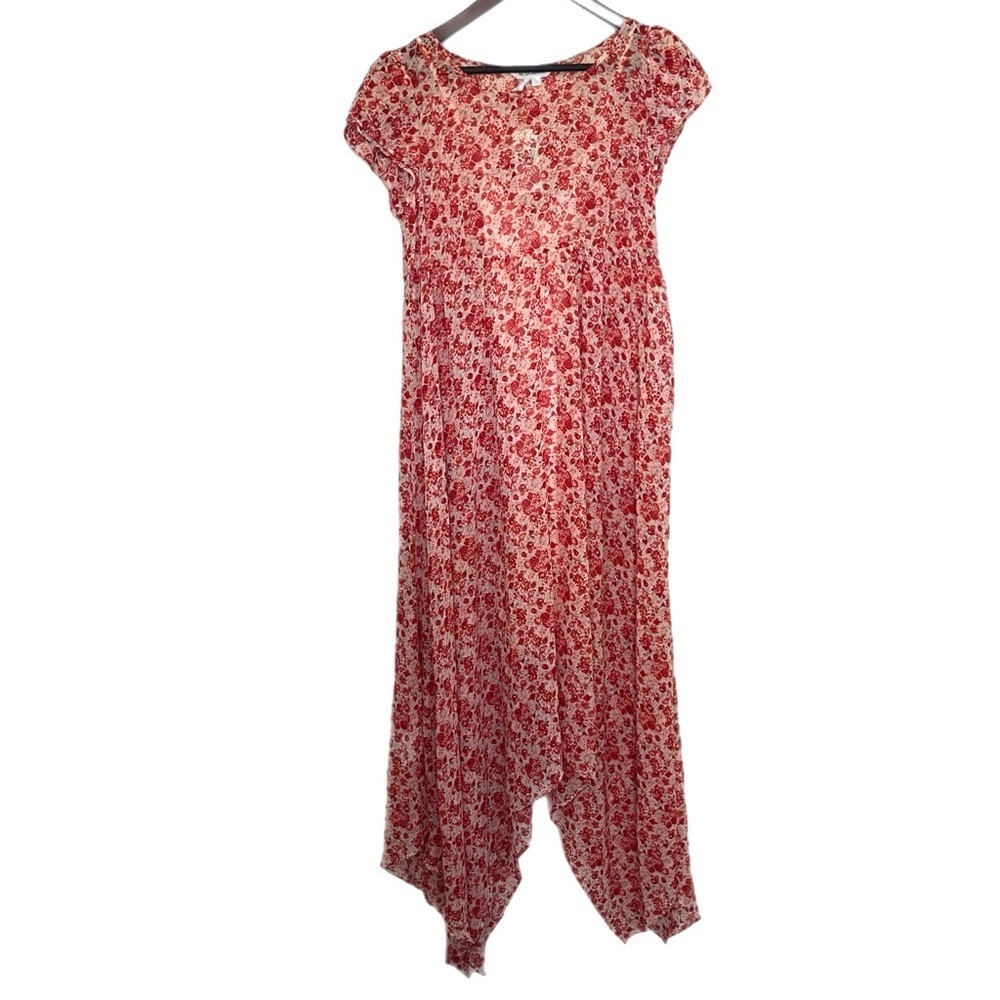 BCBGeneration Fiery Red Ditsy Floral Babydoll Handkerchief Hem Maxi Dress